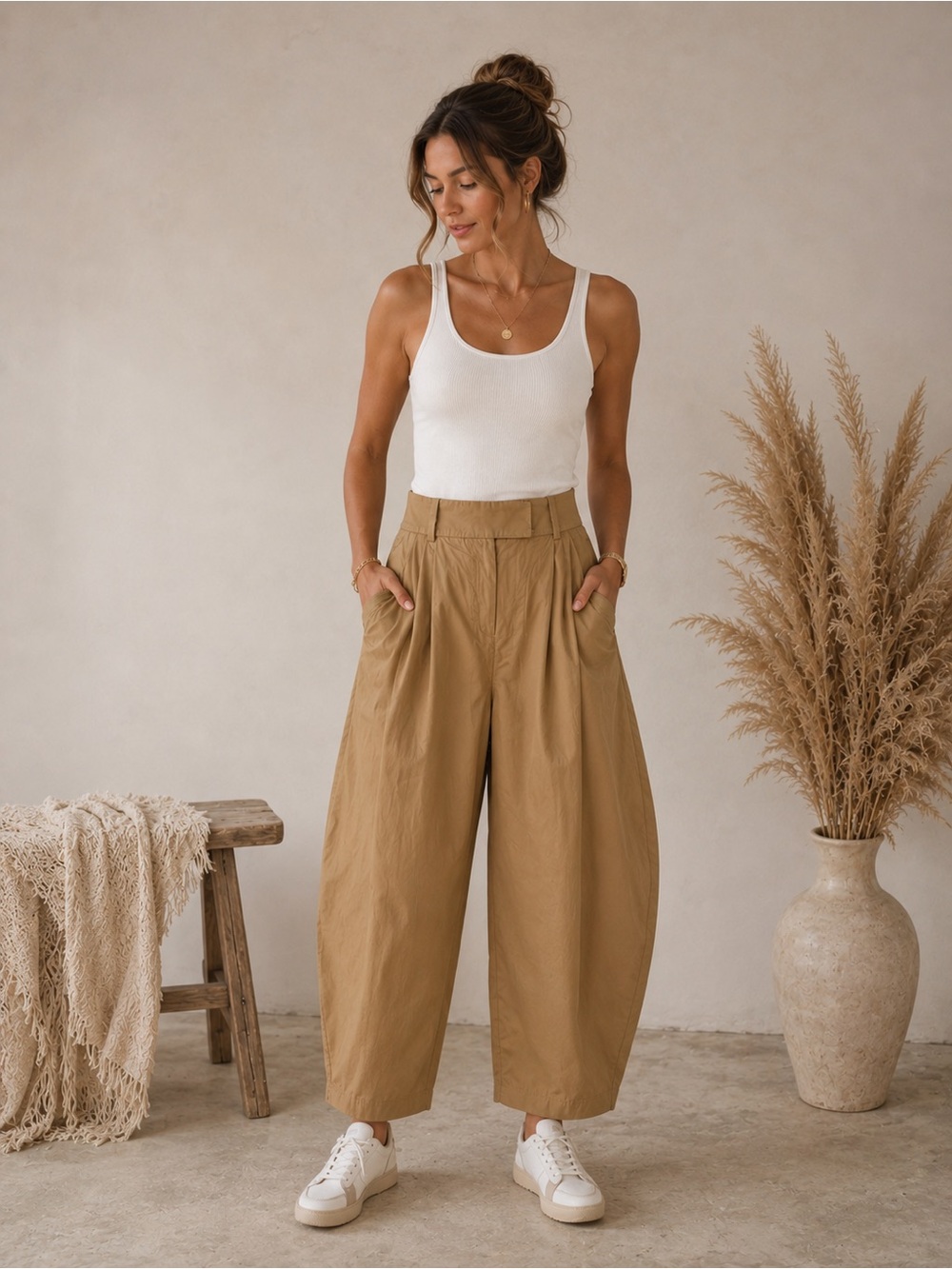 COS Barrel Leg Women's Cropped Pleated Trousers wide leg neutral high waist